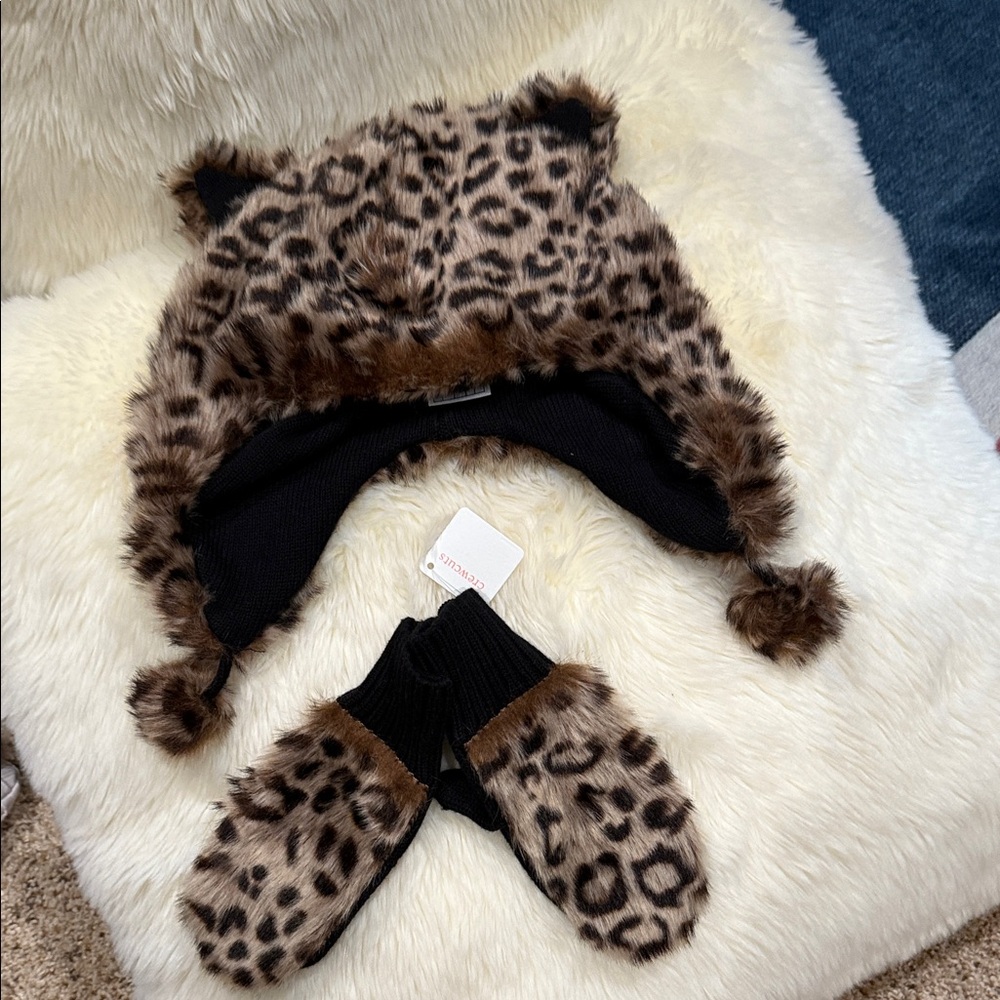 Crewcuts Leopard Print Kids Hat and Mittens Set